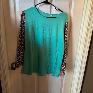 Leopard Sleeve Teal Women's Top
